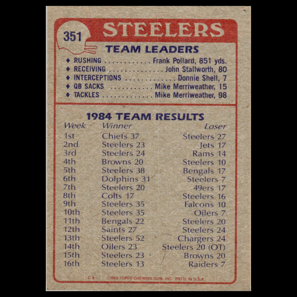 Steelers Team Leaders #351 1985 Topps Pittsburgh Steelers Football Card NFL NM