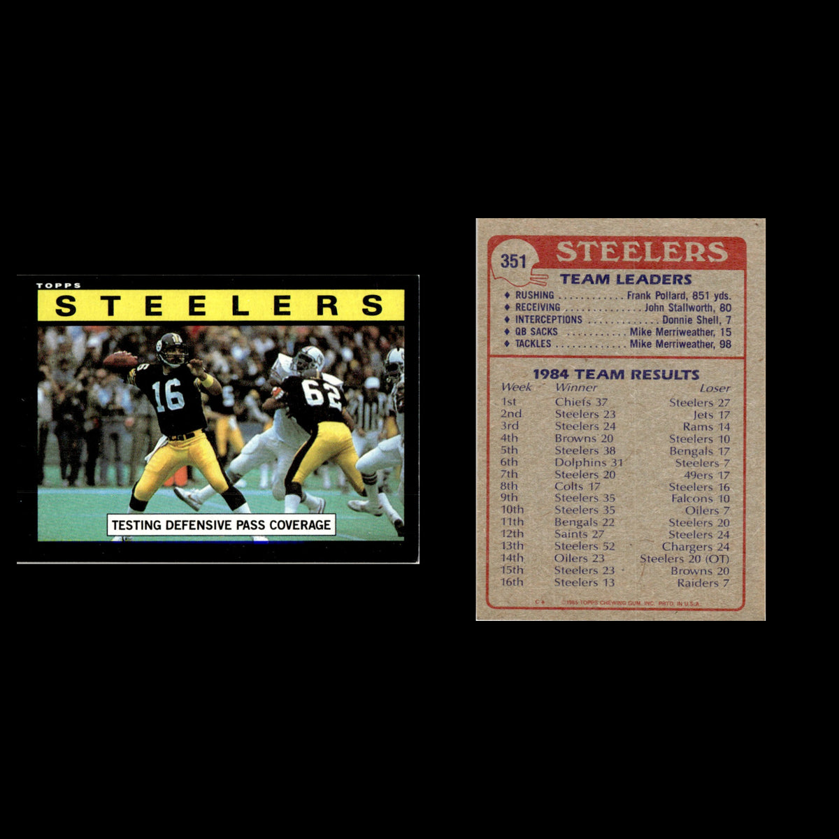 Steelers Team Leaders #351 1985 Topps Pittsburgh Steelers Football Card NFL NM