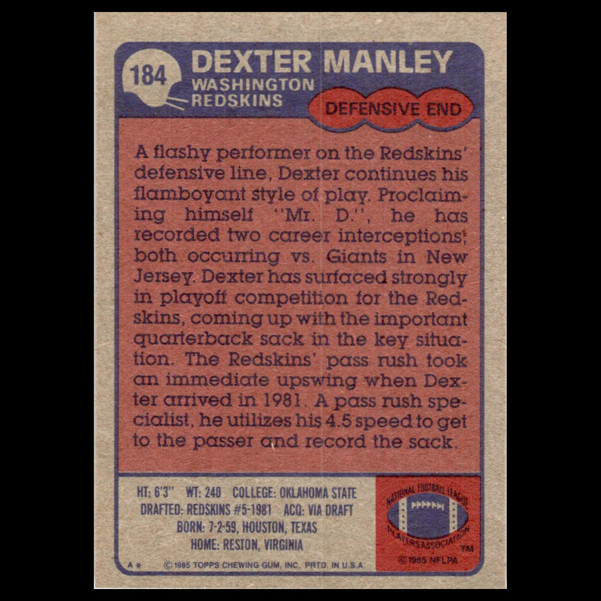 Dexter Manley #184 1985 Topps Washington Redskins Football Card NFL NM