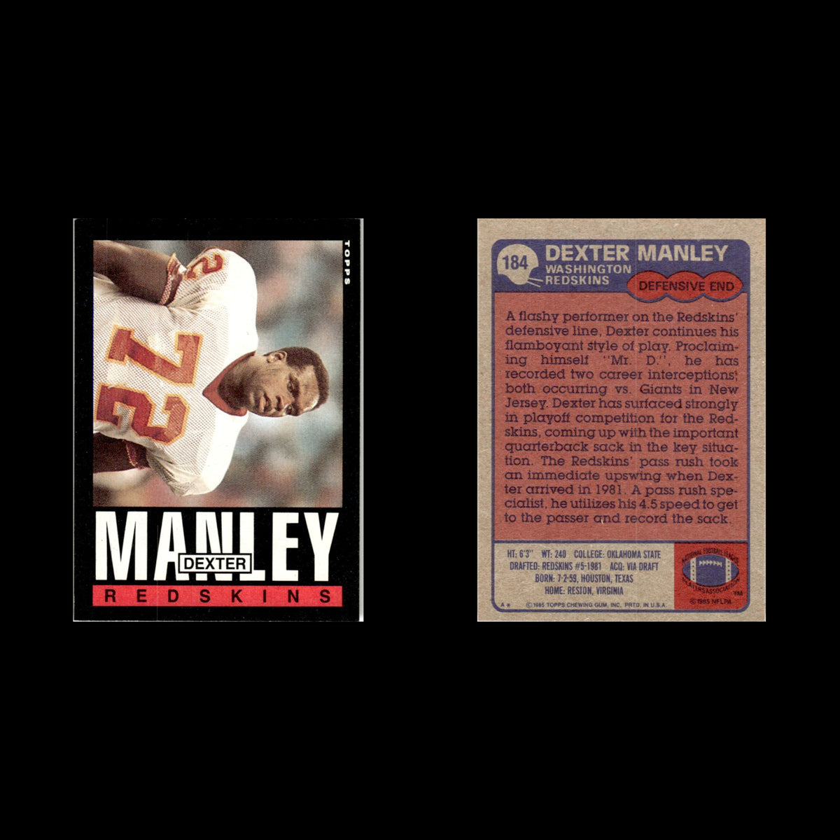 Dexter Manley #184 1985 Topps Washington Redskins Football Card NFL NM