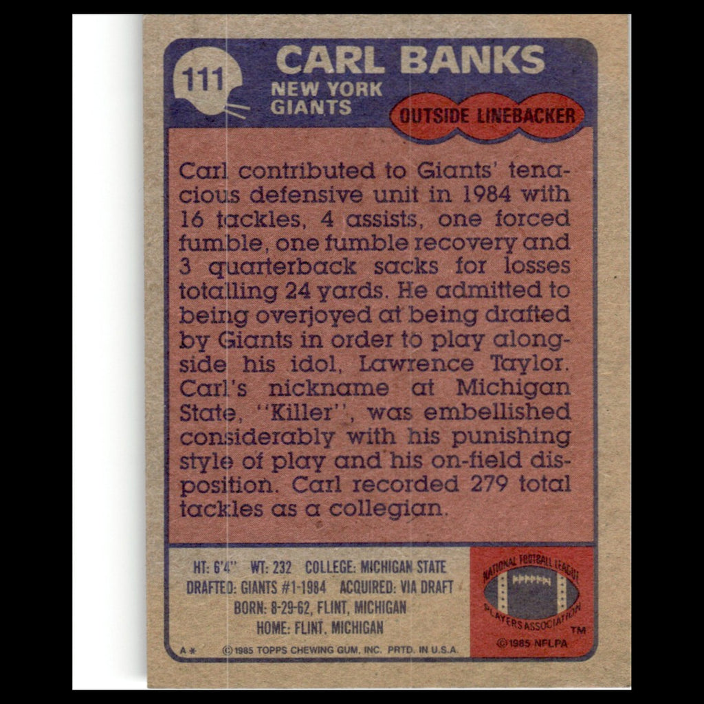 Carl Banks #111 1985 Topps New York Giants Football Card NFL NM