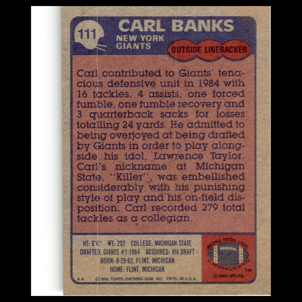 Carl Banks #111 1985 Topps New York Giants Football Card NFL NM