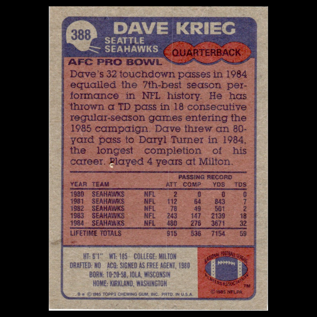 Dave Krieg #388 1985 Topps Seattle Seahawks Football Card NFL NM