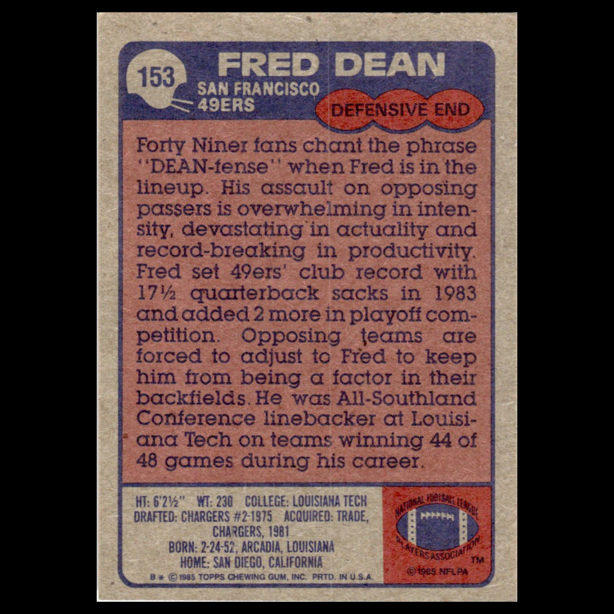 Fred Dean #153 1985 Topps San Francisco 49ers Football Card NFL NM