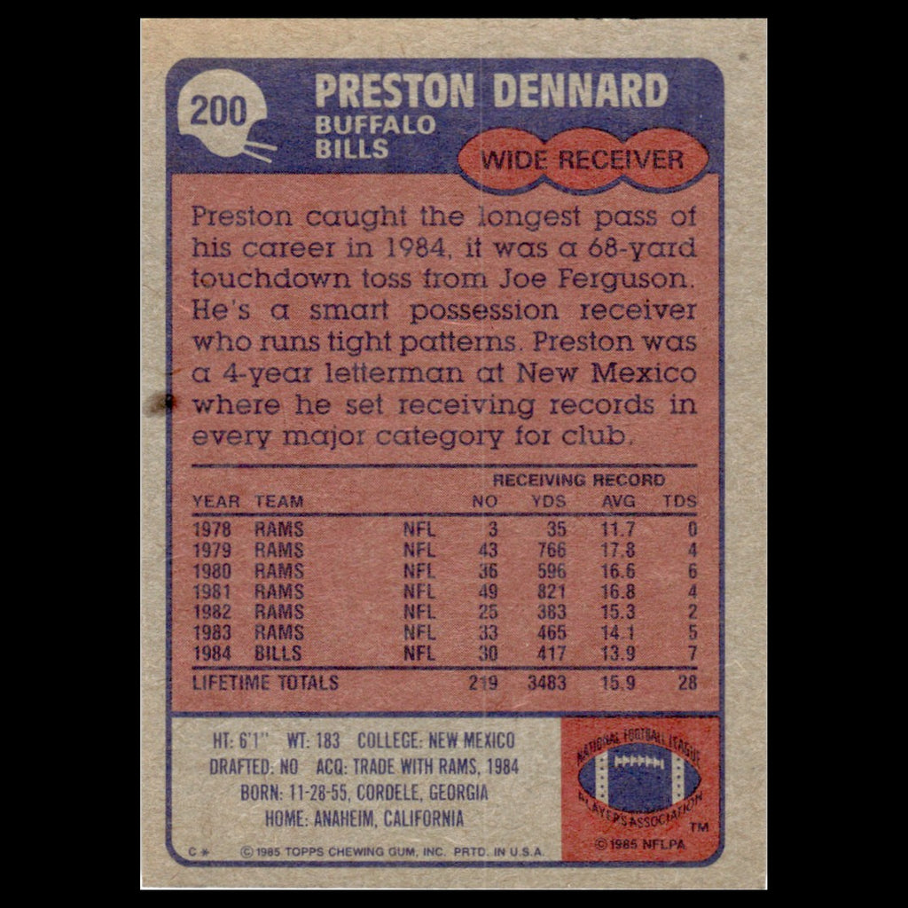 Preston Dennard #200 1985 Topps Buffalo Bills Football Card NFL NM