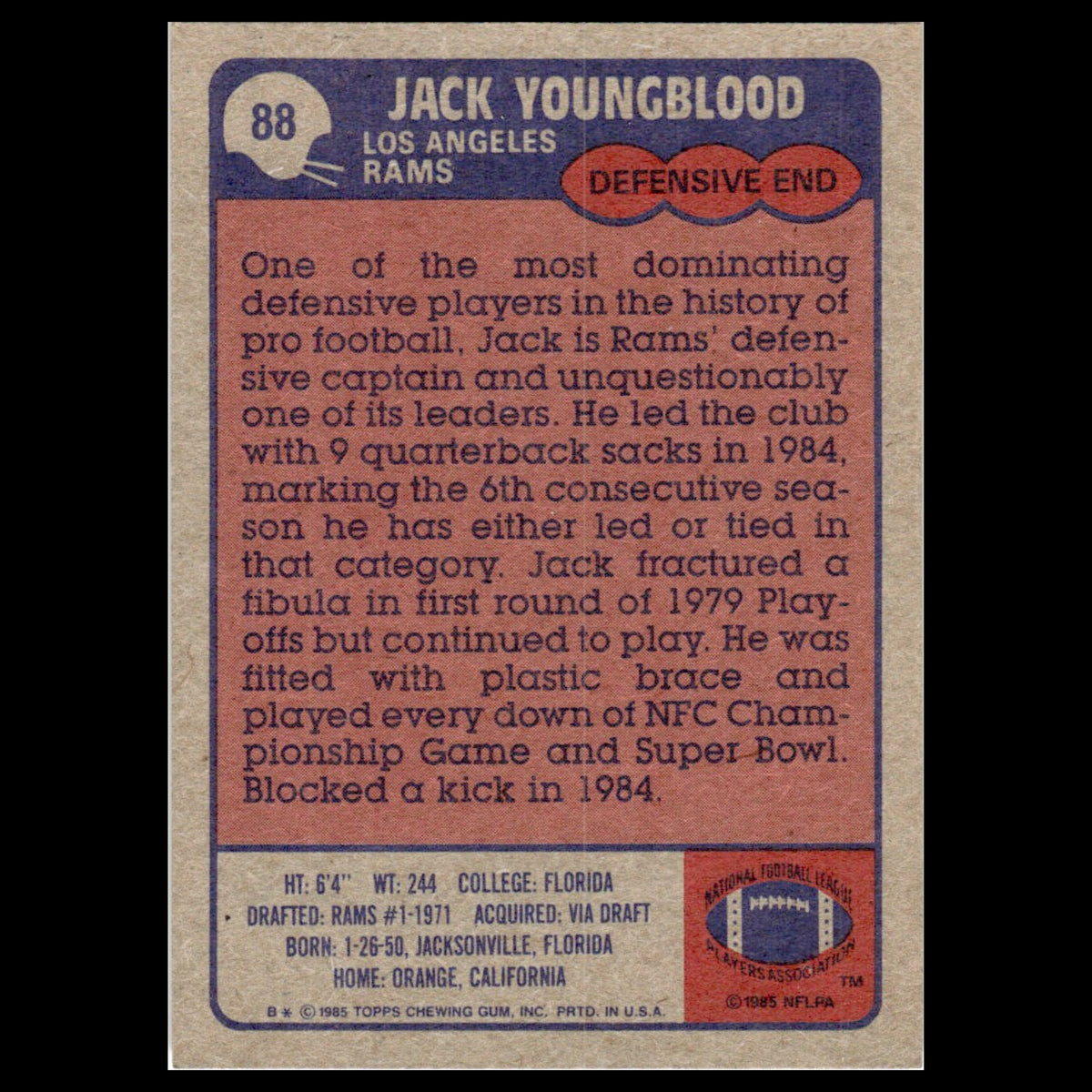 Jack Youngblood #88 1985 Topps Los Angeles Rams Football Card NFL NM