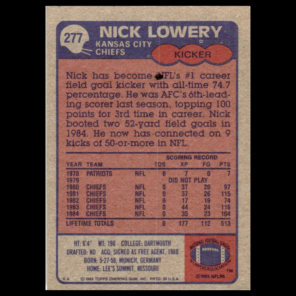 Nick Lowery #277 1985 Topps Kansas City Chiefs Football Card NFL NM