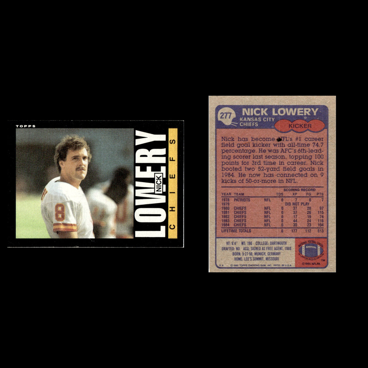 Nick Lowery #277 1985 Topps Kansas City Chiefs Football Card NFL NM