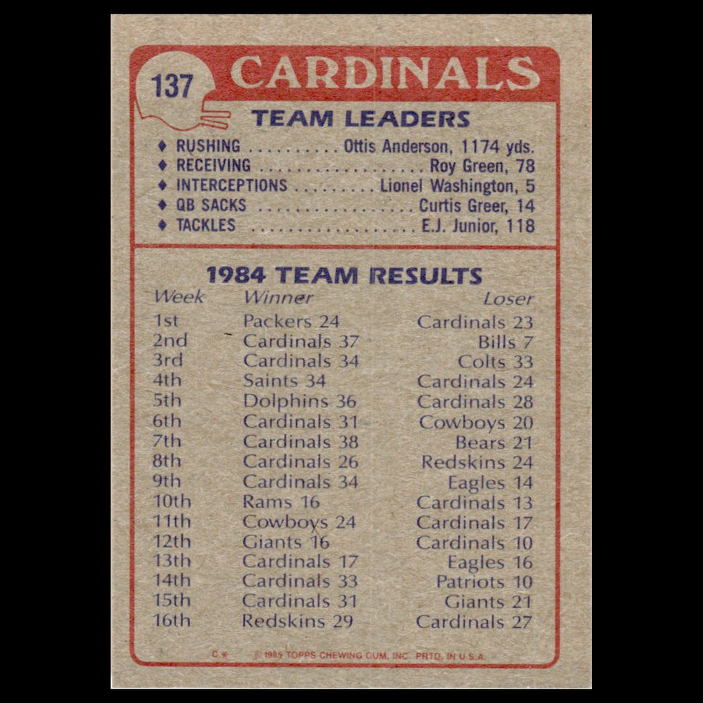 Cardinals Team Leaders #137 1985 Topps St. Louis Cardinals Football Card NFL NM
