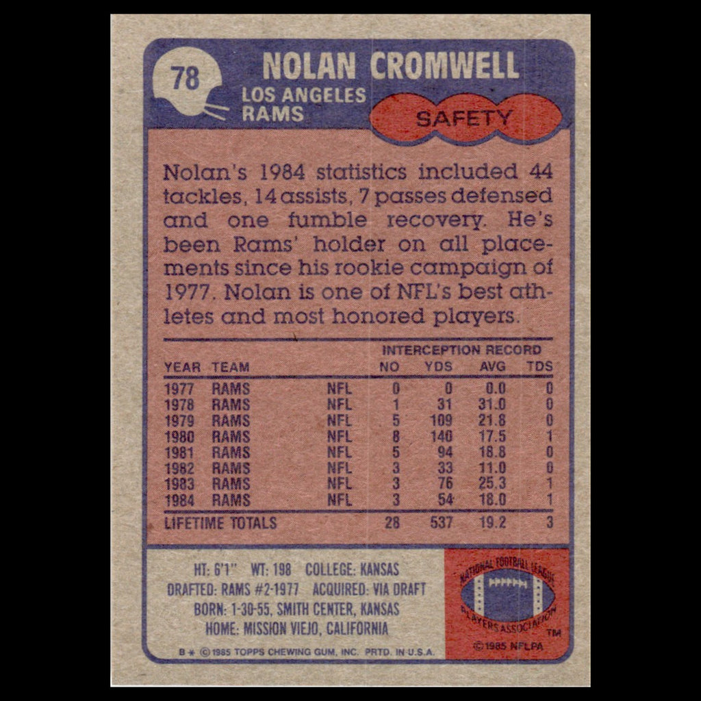 Nolan Cromwell #78 1985 Topps Los Angeles Rams Football Card NFL NM