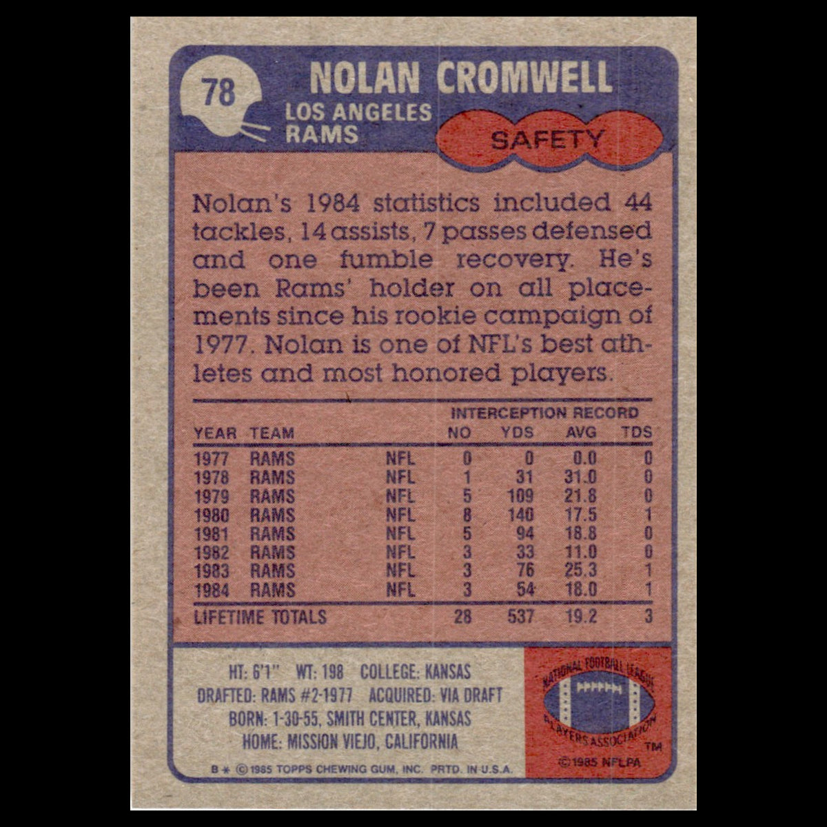 Nolan Cromwell #78 1985 Topps Los Angeles Rams Football Card NFL NM