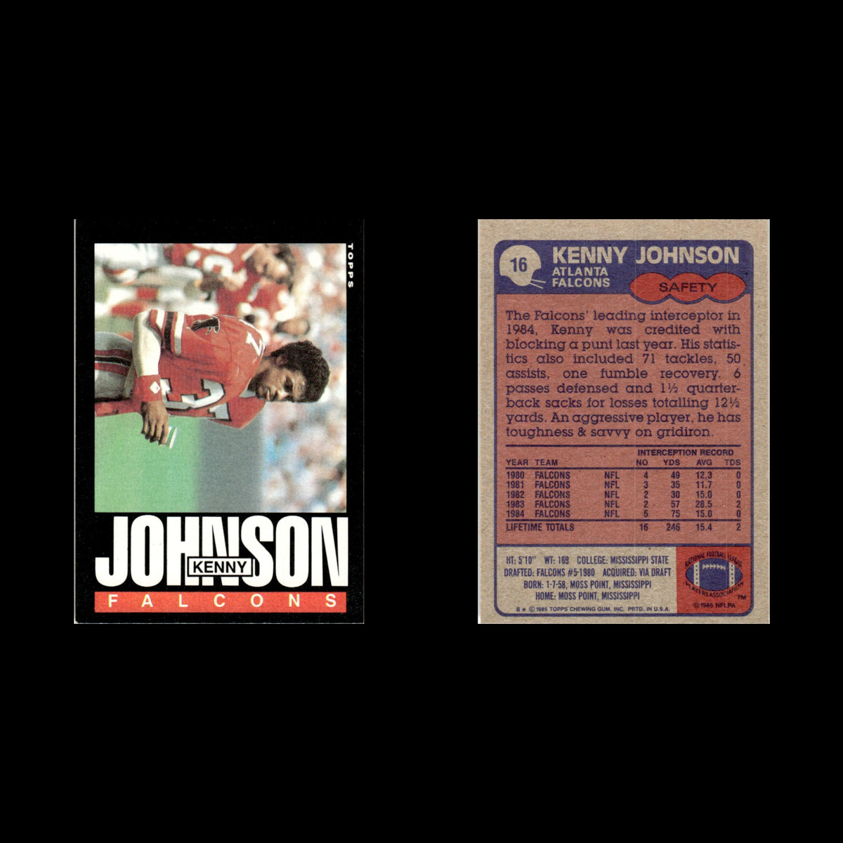 Kenny Johnson #16 1985 Topps Atlanta Falcons Football Card NFL NM