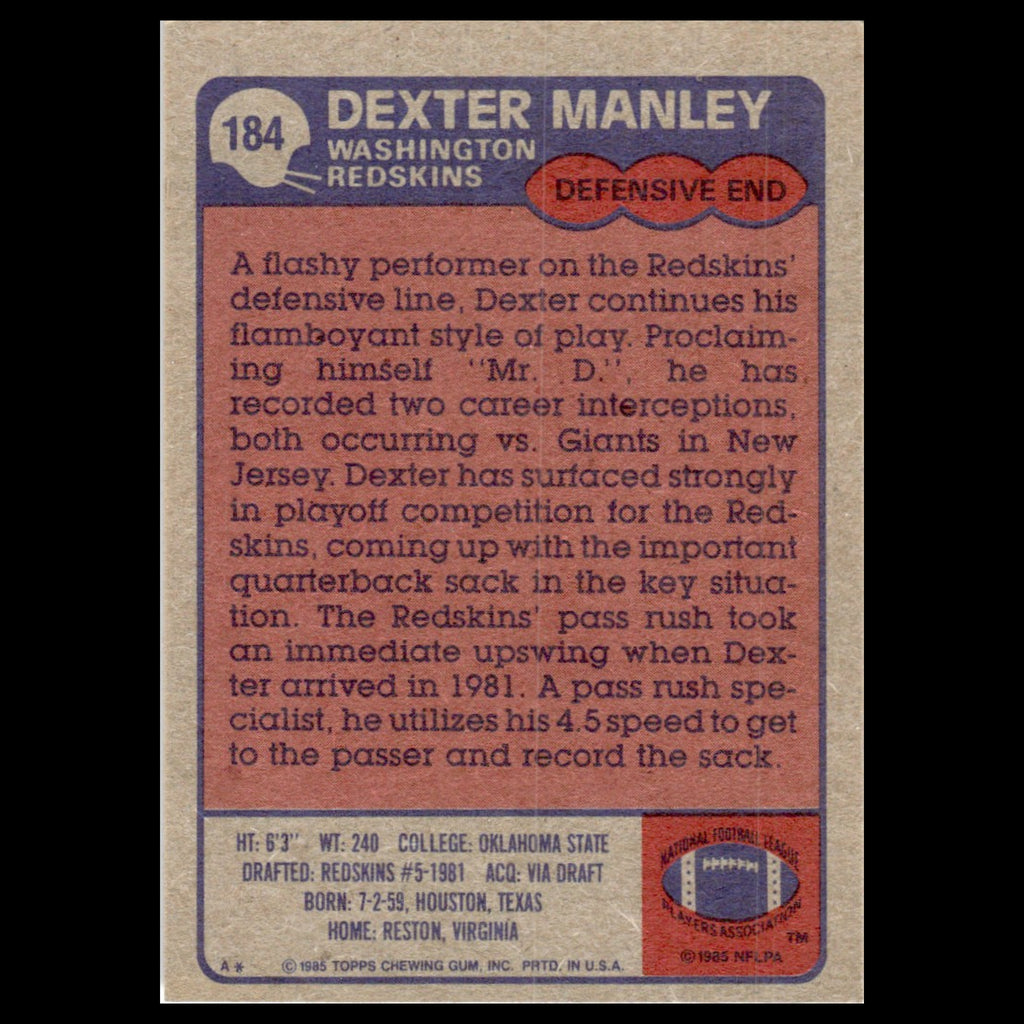 Dexter Manley #184 1985 Topps Washington Redskins Football Card NFL NM