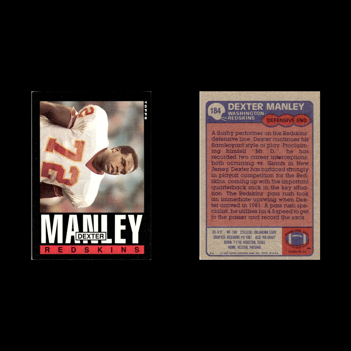 Dexter Manley #184 1985 Topps Washington Redskins Football Card NFL NM