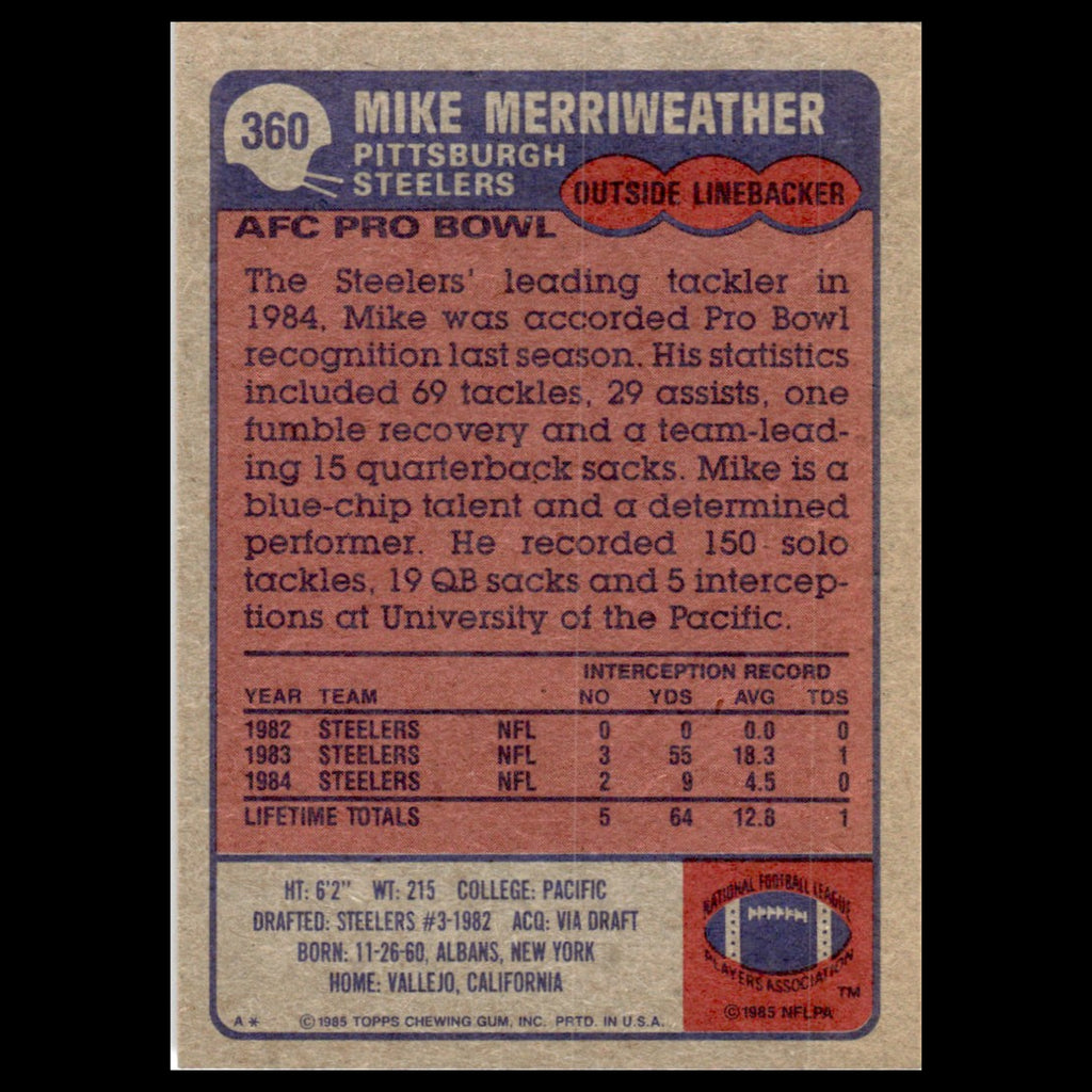 Mike Merriweather #360 1985 Topps Pittsburgh Steelers Football Card NFL NM