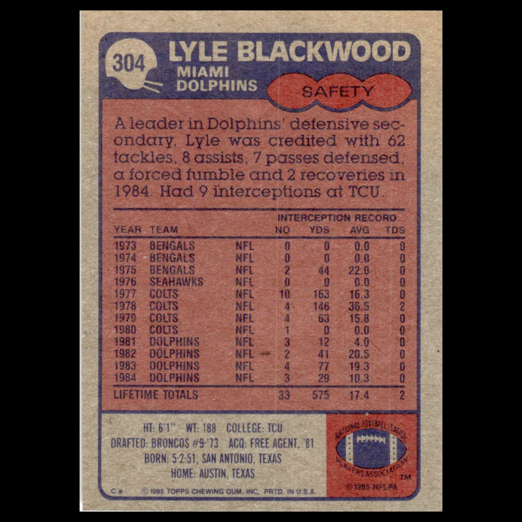 Lyle Blackwood #304 1985 Topps Miami Dolphins Football Card NFL NM