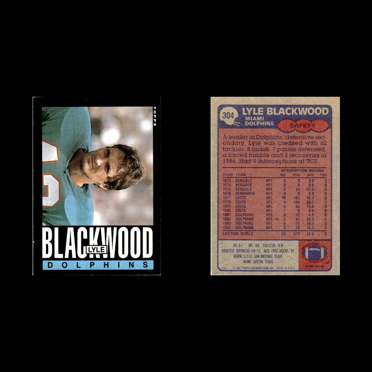 Lyle Blackwood #304 1985 Topps Miami Dolphins Football Card NFL NM