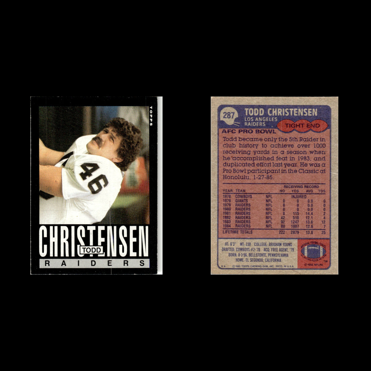 Todd Christensen #287 1985 Topps Los Angeles Raiders Football Card NFL NM