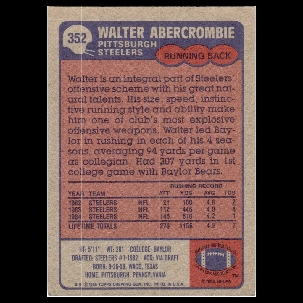 Walter Abercrombie #352 1985 Topps Pittsburgh Steelers Football Card NFL NM