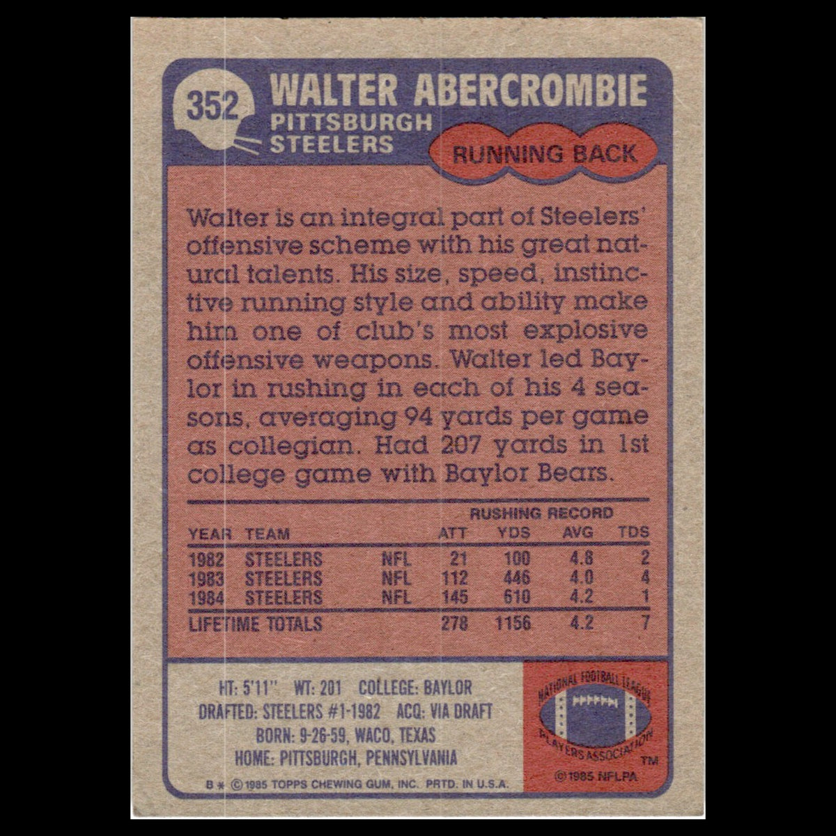 Walter Abercrombie #352 1985 Topps Pittsburgh Steelers Football Card NFL NM