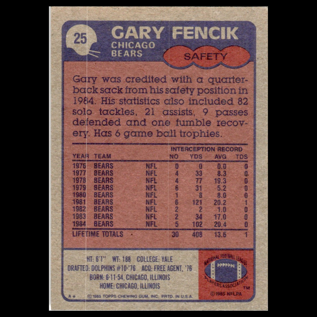 Gary Fencik #25 1985 Topps Chicago Bears Football Card NFL NM