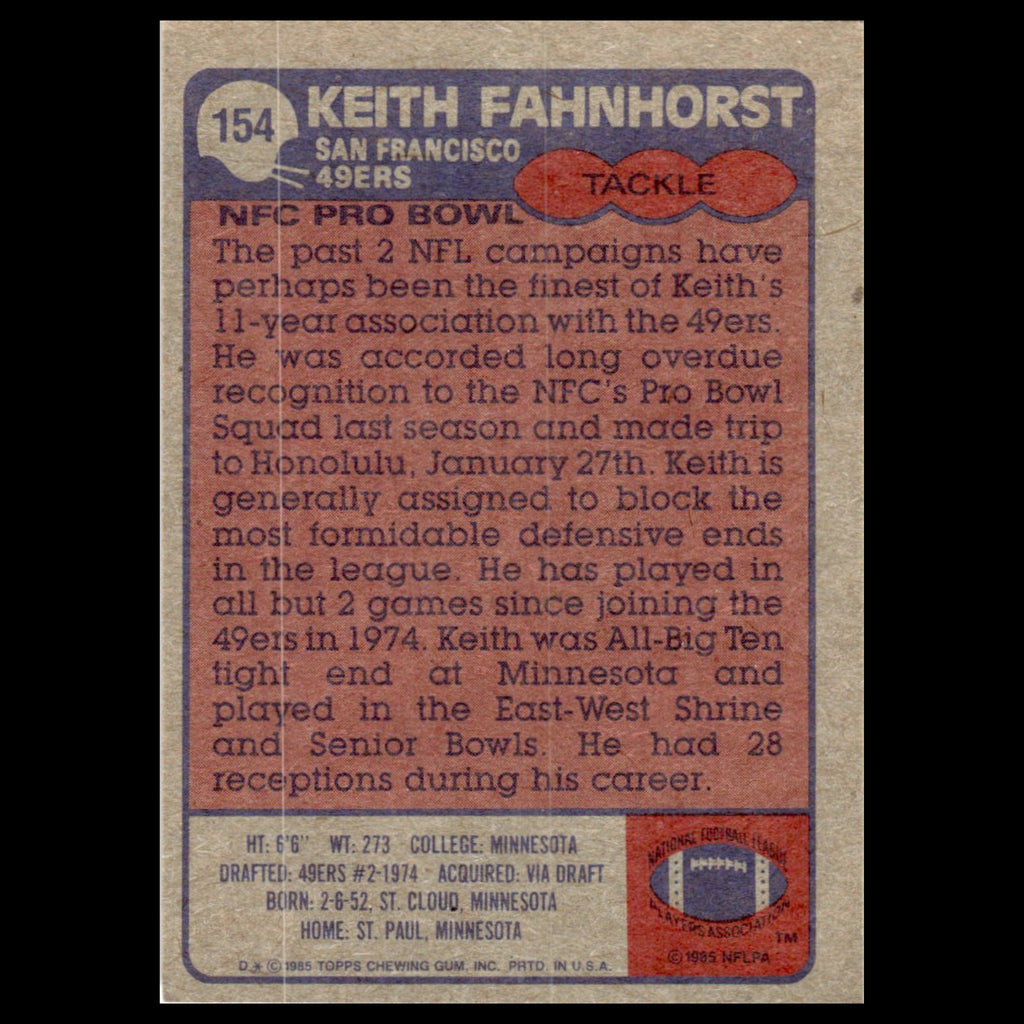 Keith Fahnhorst #154 1985 Topps San Francisco 49ers Football Card NFL NM