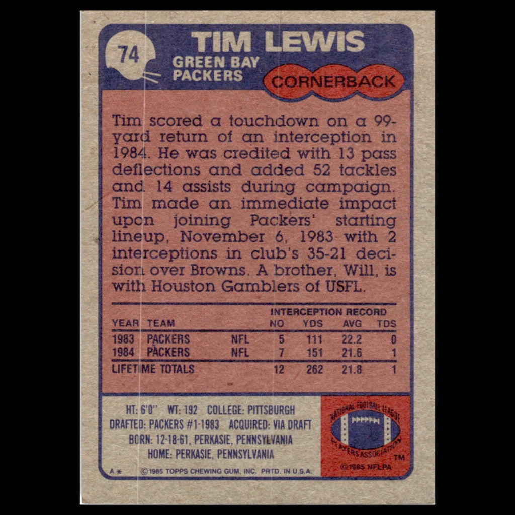 Tim Lewis #74 1985 Topps Green Bay Packers Football Card NFL NM