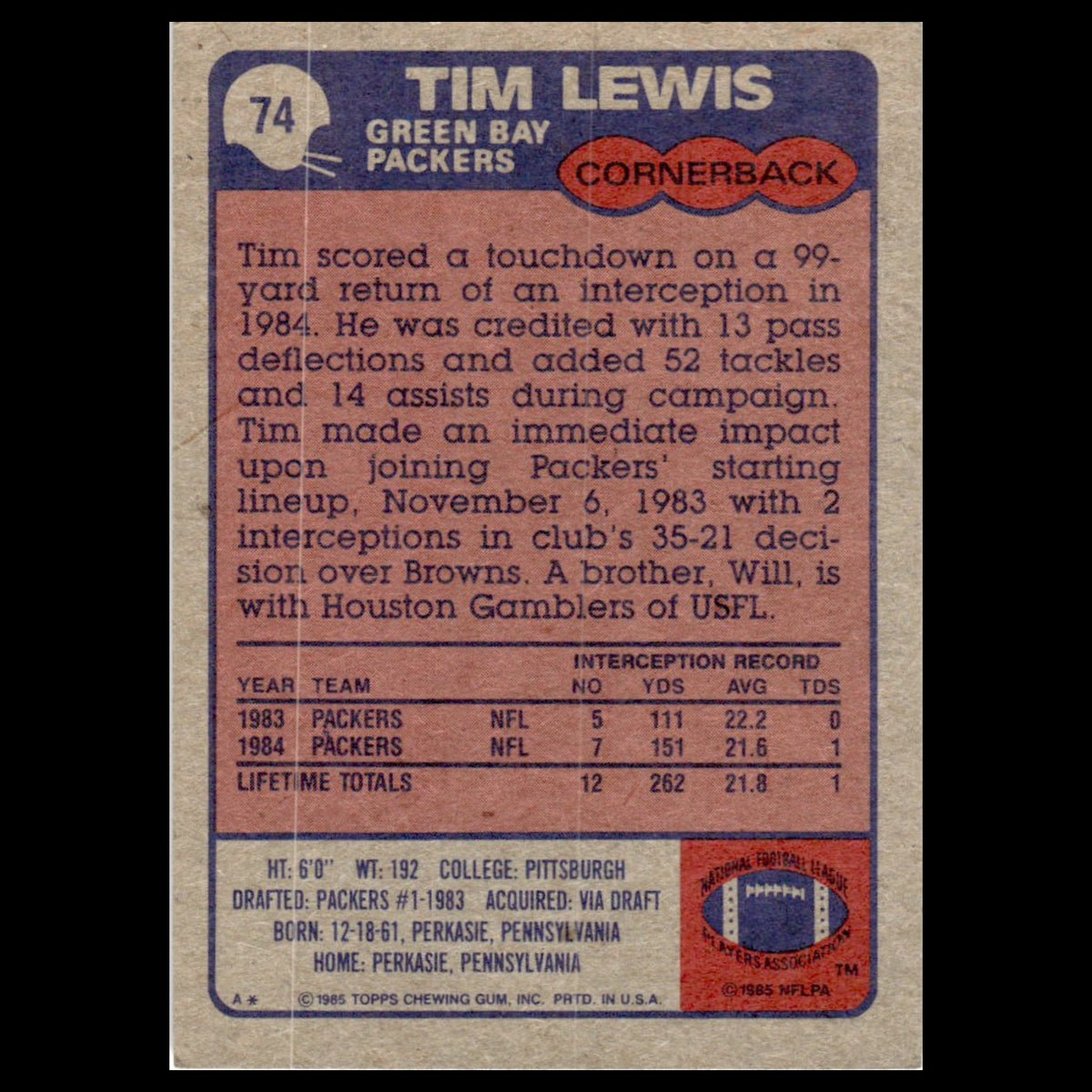 Tim Lewis #74 1985 Topps Green Bay Packers Football Card NFL NM