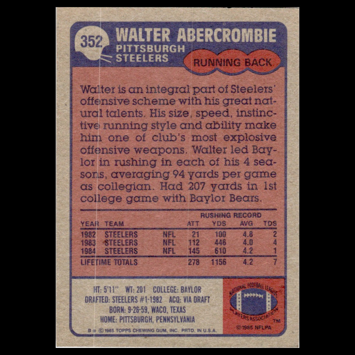 Walter Abercrombie #352 1985 Topps Pittsburgh Steelers Football Card NFL NM