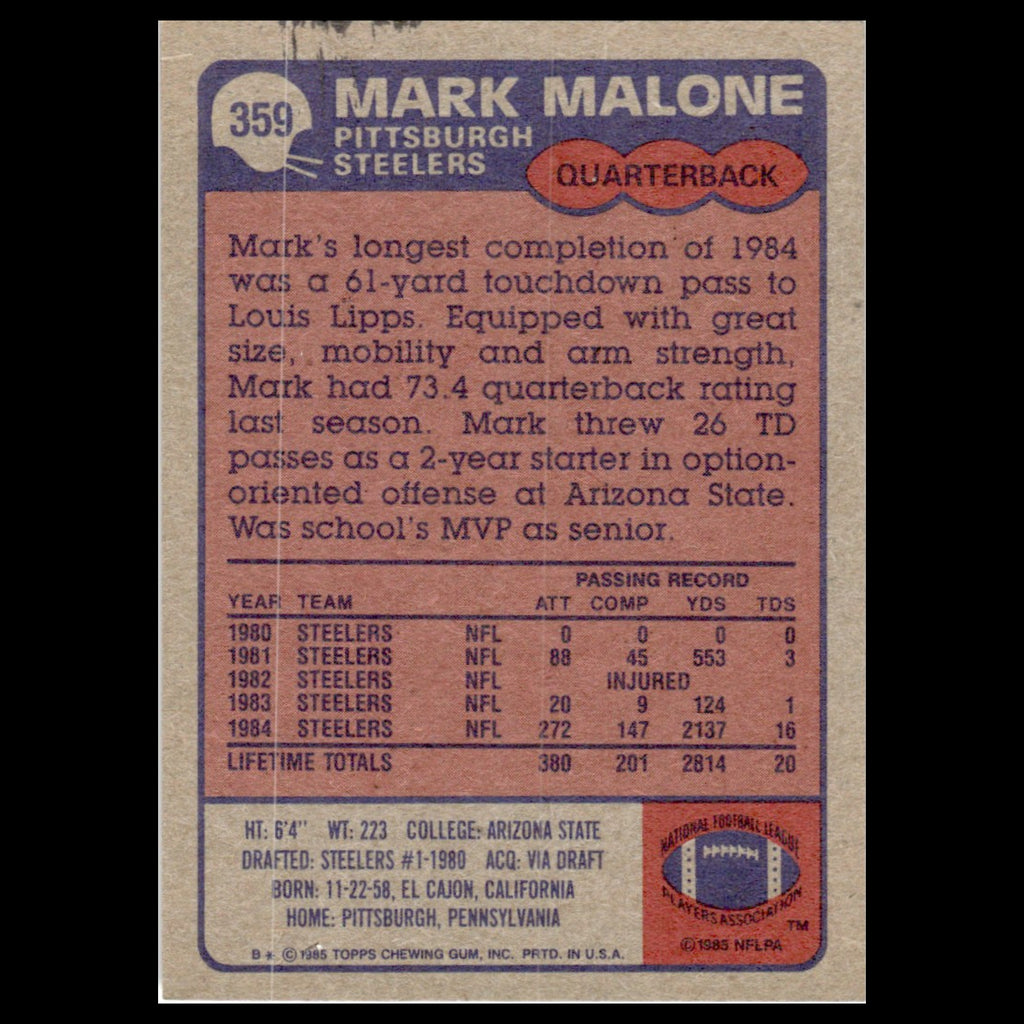 Mark Malone #359 1985 Topps Pittsburgh Steelers Football Card NFL NM