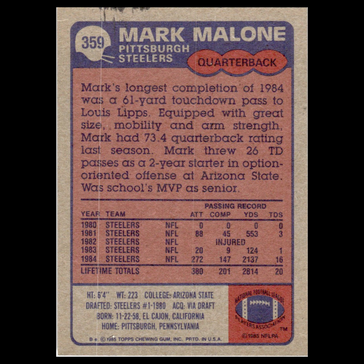Mark Malone #359 1985 Topps Pittsburgh Steelers Football Card NFL NM