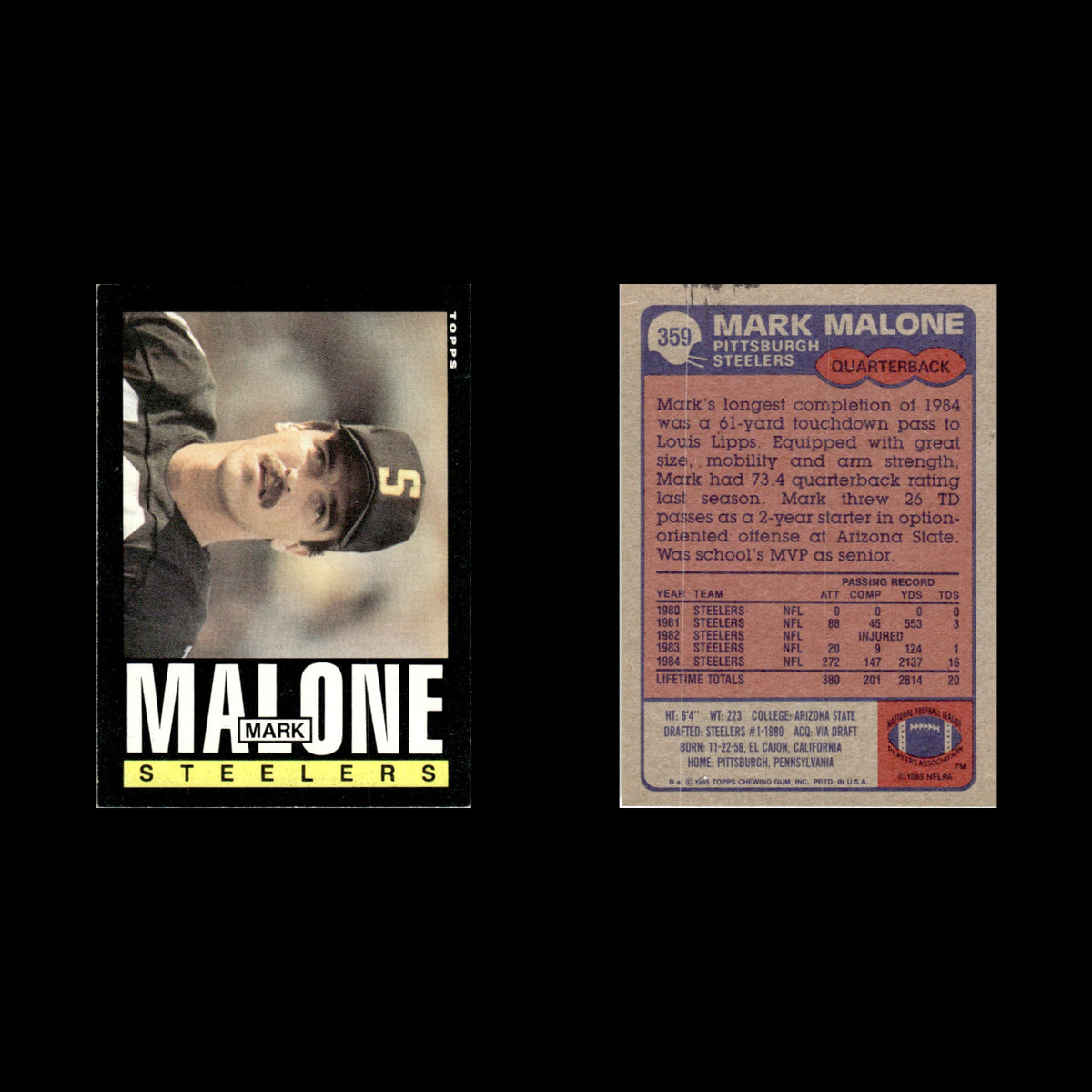 Mark Malone #359 1985 Topps Pittsburgh Steelers Football Card NFL NM