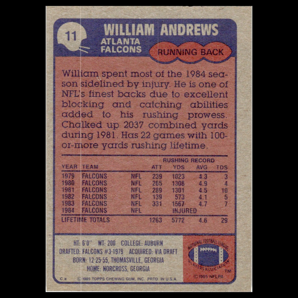 William Andrews #11 1985 Topps Atlanta Falcons Football Card NFL NM