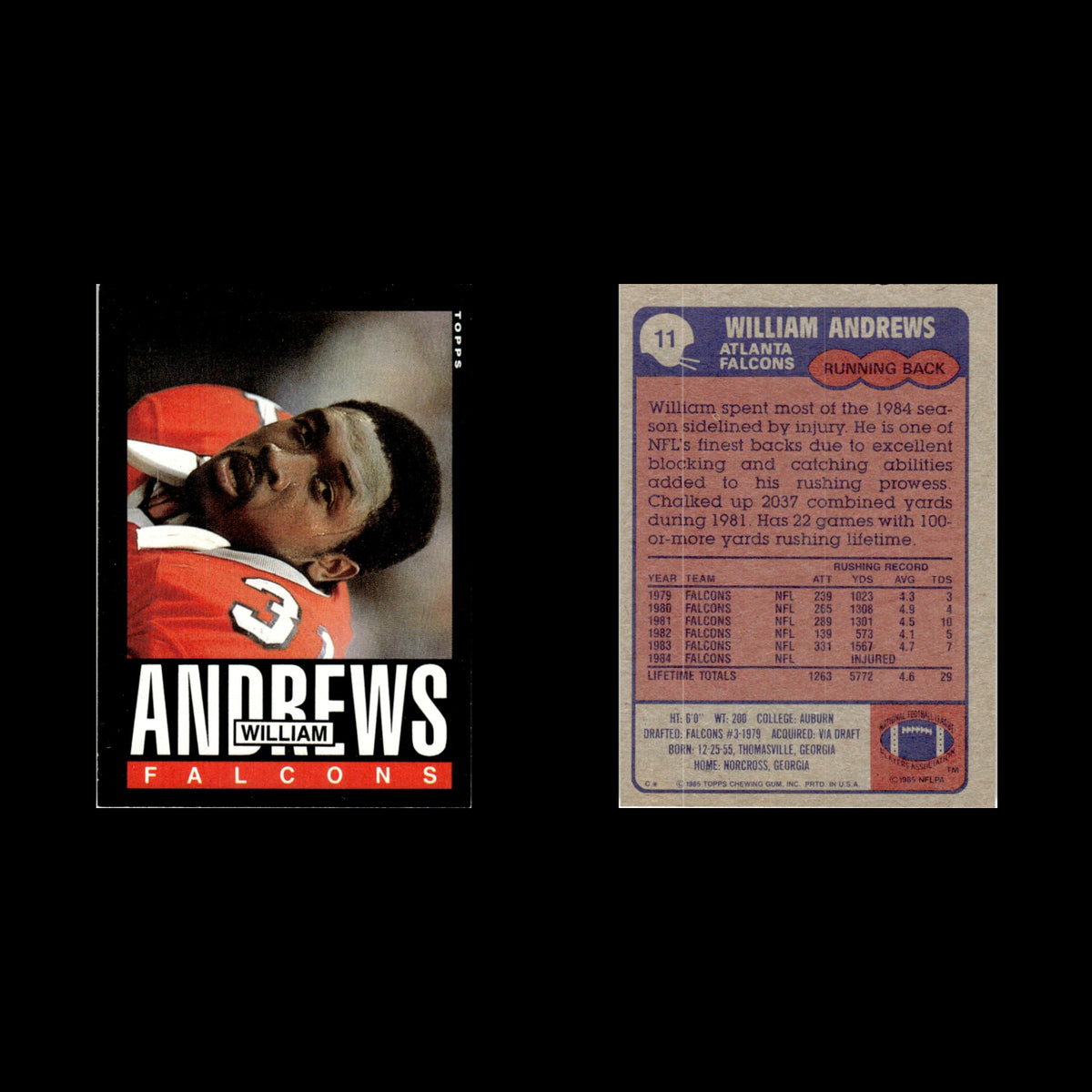 William Andrews #11 1985 Topps Atlanta Falcons Football Card NFL NM