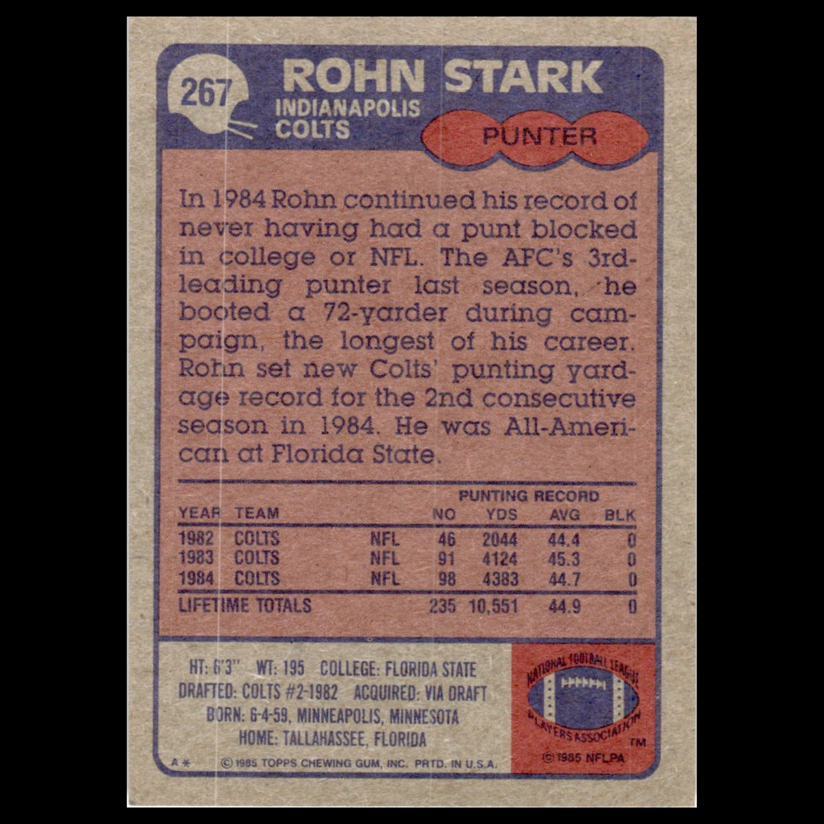 Rohn Stark #267 1985 Topps Indianapolis Colts Football Card NFL NM