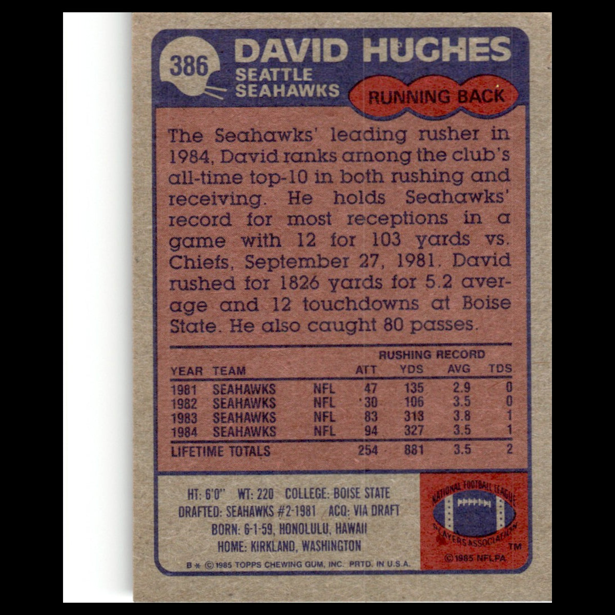 David Hughes #386 1985 Topps Seattle Seahawks Football Card NFL NM