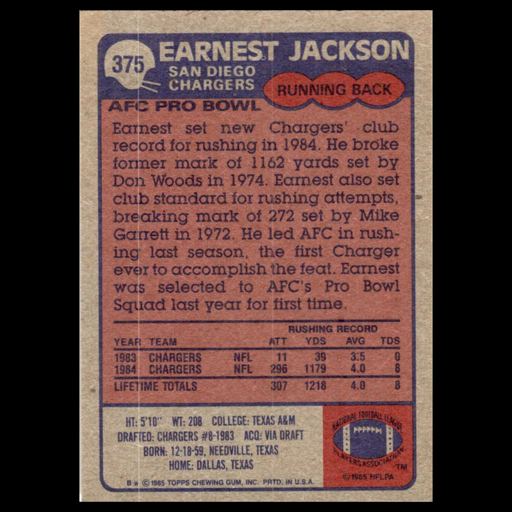 Earnest Jackson #375 1985 Topps San Diego Chargers Football Card NFL NM