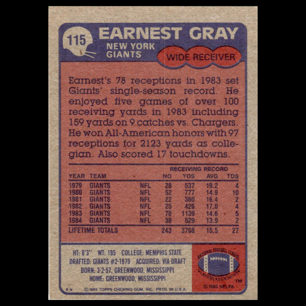 Earnest Gray #115 1985 Topps New York Giants Football Card NFL NM