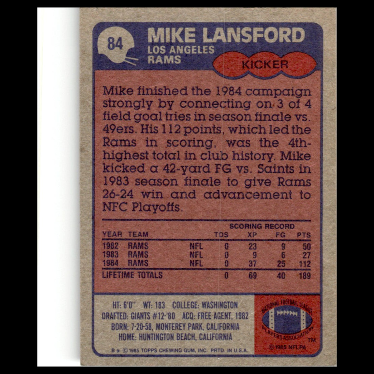 Mike Lansford #84 1985 Topps Los Angeles Rams Football Card NFL NM