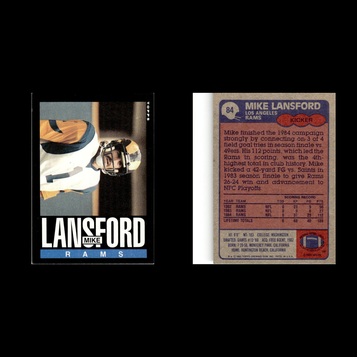 Mike Lansford #84 1985 Topps Los Angeles Rams Football Card NFL NM