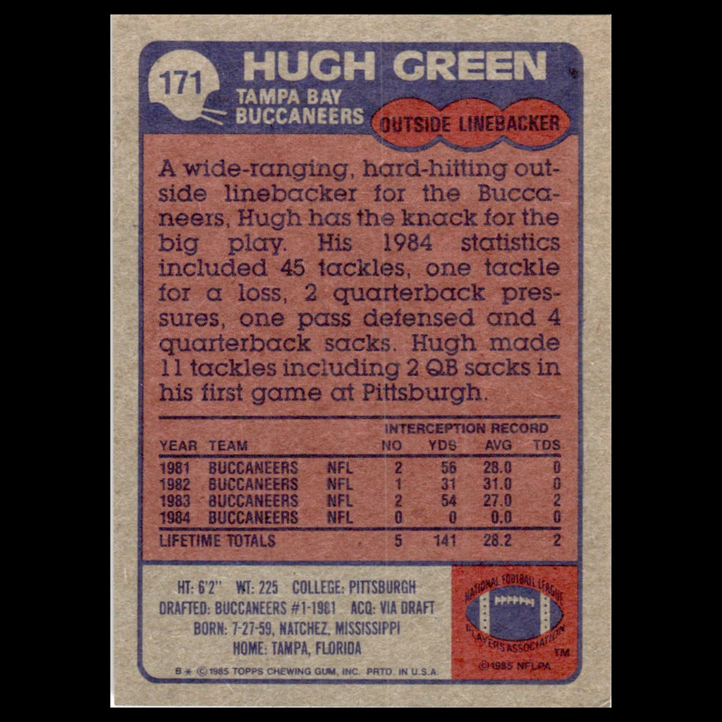 Hugh Green #171 1985 Topps Tampa Bay Buccaneers Football Card NFL NM