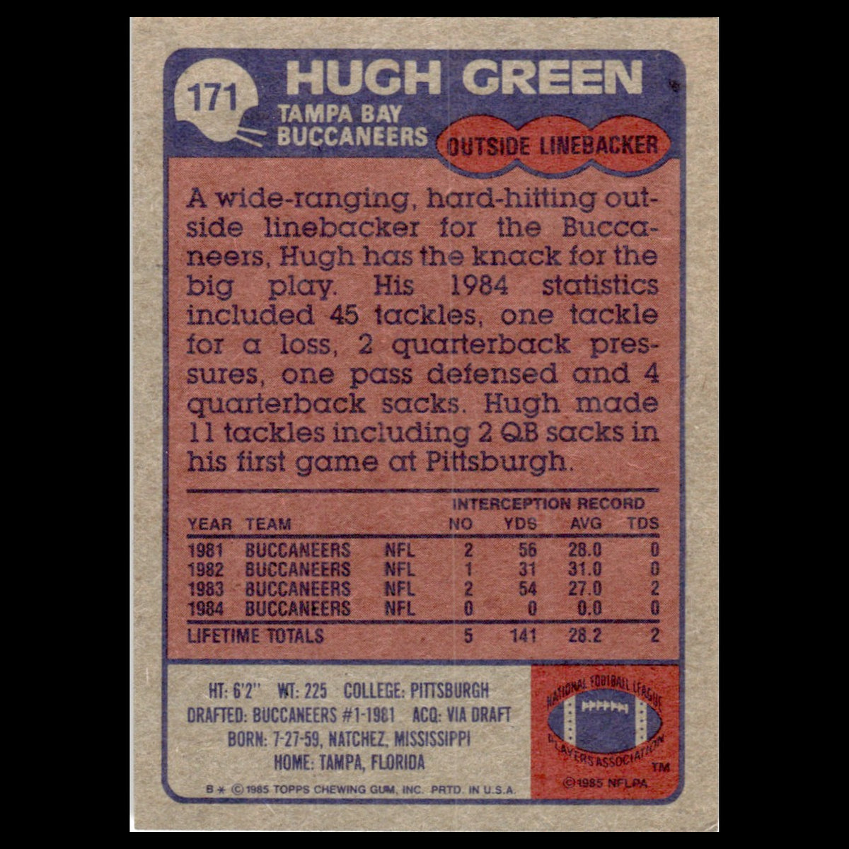 Hugh Green #171 1985 Topps Tampa Bay Buccaneers Football Card NFL NM