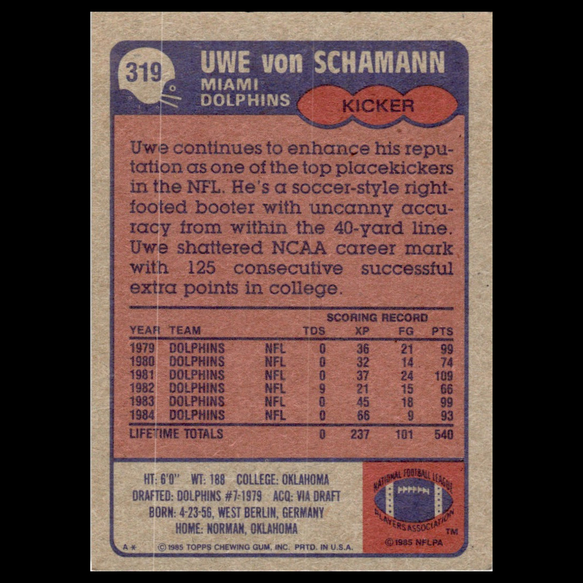 Uwe Von Schamann #319 1985 Topps Miami Dolphins Football Card NFL NM