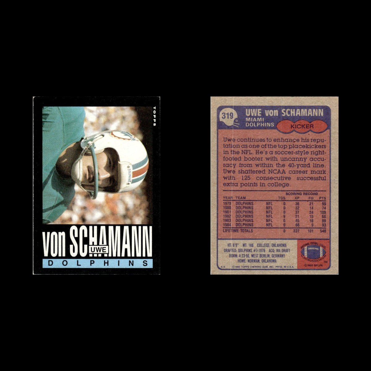 Uwe Von Schamann #319 1985 Topps Miami Dolphins Football Card NFL NM