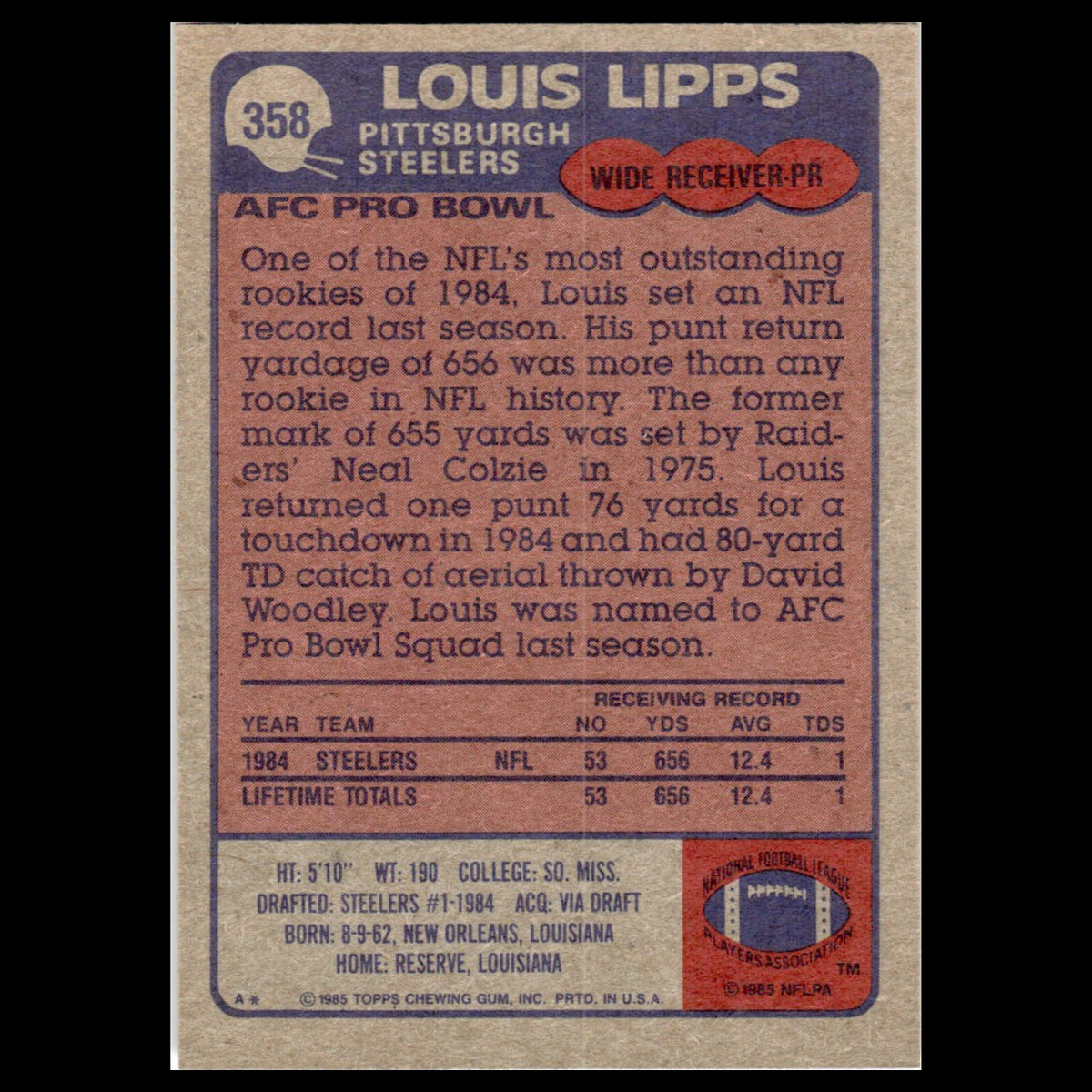 Louis Lipps #358 1985 Topps Pittsburgh Steelers Football Card NFL NM