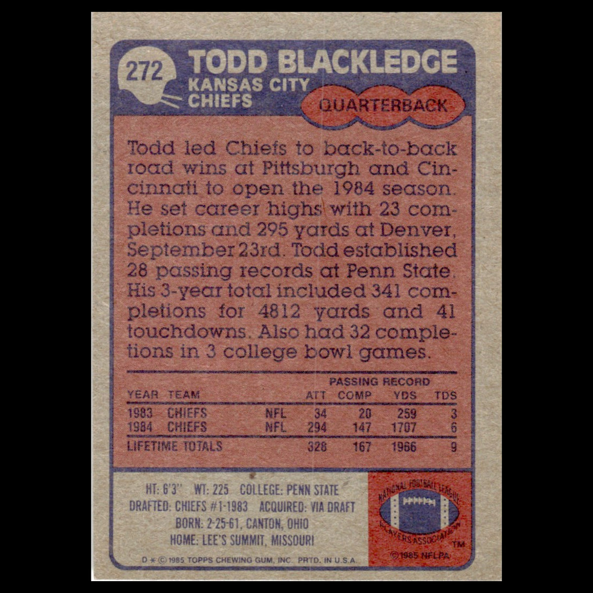 Todd Blackledge #272 1985 Topps Kansas City Chiefs Football Card NFL NM