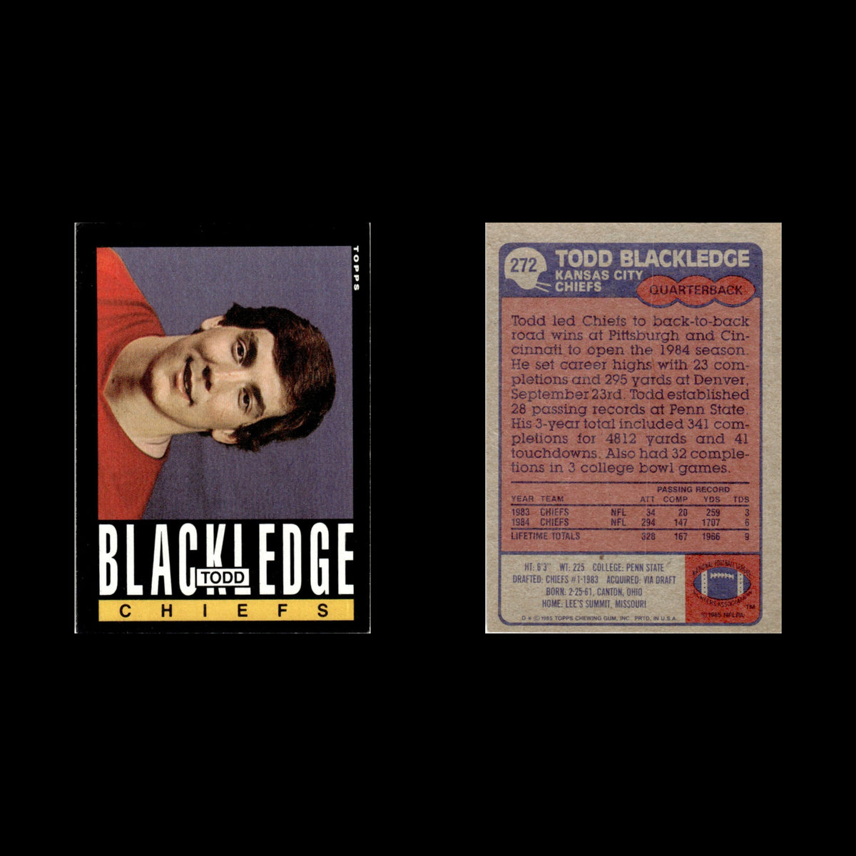 Todd Blackledge #272 1985 Topps Kansas City Chiefs Football Card NFL NM