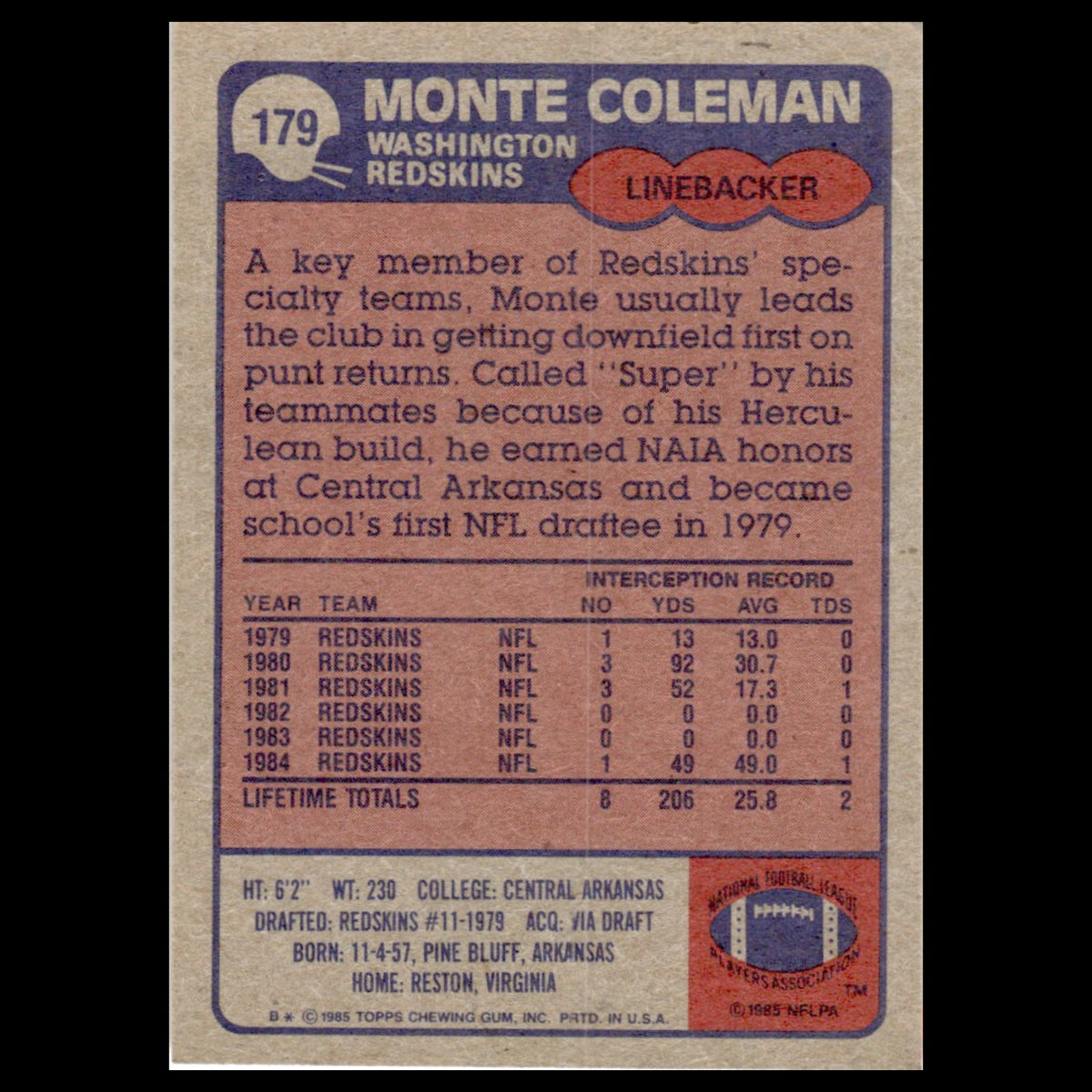Monte Coleman #179 1985 Topps Washington Redskins Football Card NFL NM