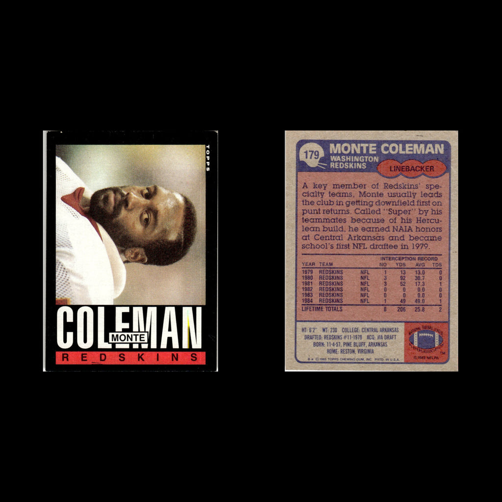 Monte Coleman #179 1985 Topps Washington Redskins Football Card NFL NM