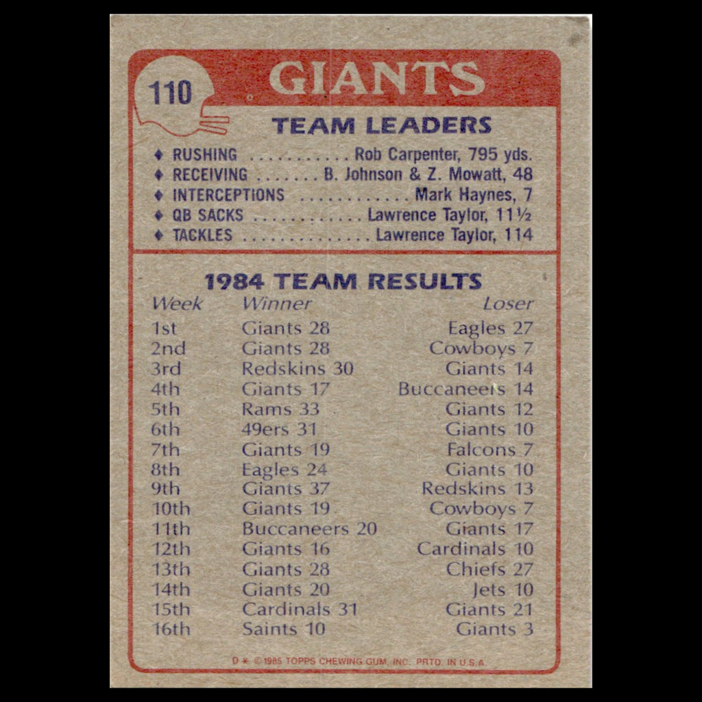 Giants Team Leaders #110 1985 Topps New York Giants Football Card NFL NM